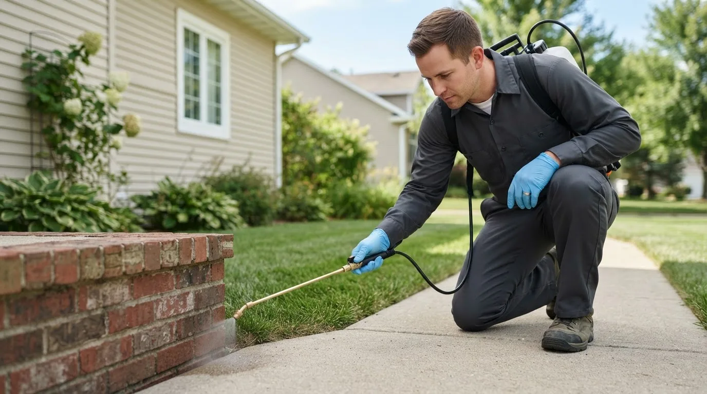 Pest control technician treating a home near Waynesfield, OH